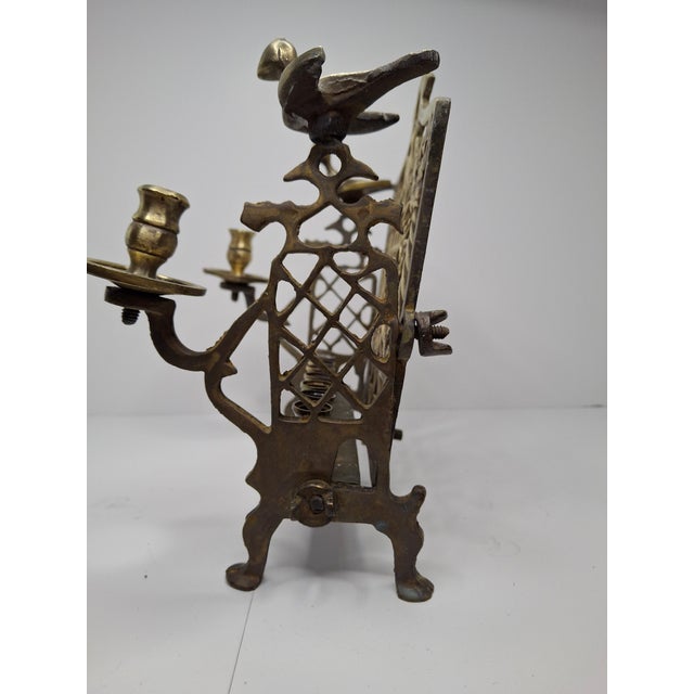 Antique 19th C. Polish Brass Bench Menorah Hanukkah Lamp Lions Birds Openwork For Sale - Image 11 of 18