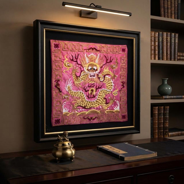 Asian Square Magenta Golden Dragon Bats Blossom Flower Fabric Display Art For Sale - Image 4 of 9