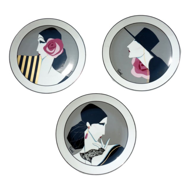 Bavarian Art Deco Revival Fashion Vogue Porcelain Plates, 1980s, Set of 3 For Sale