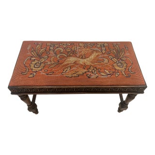 1930s Carved Wood Bench With Gazelle Needlepoint - F. H. Harder Co., San Francisco For Sale