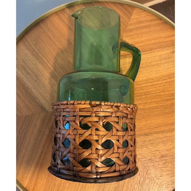 Vintage Green Blown Glass Pitcher With Wicker Basket Wrap – Possibly Empol For Sale - Image 11 of 13