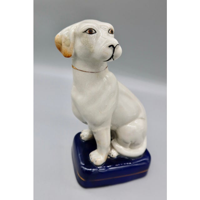 Figurative Pair of Vintage Staffordshire-Style Ceramic Labrador Figurines — Cobalt Blue Base, Gilt Detail For Sale - Image 3 of 9