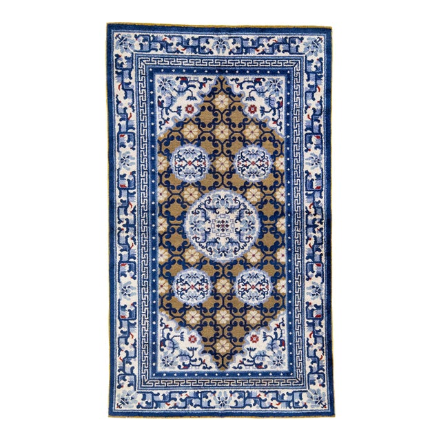 1920's Chinese Peking Wool Rug Handmade With Allover Motif in Brown & Blue For Sale
