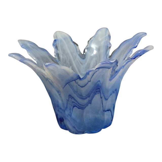 Vintage Italian Murano Art Glass Blue Flower Vase Original Label For Sale