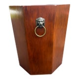 Vintage Wood Waste Basket With Brass Lions Head Handles For Sale