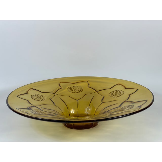 1960s Large Art Deco Revival Amber Glass Floral Centerpiece Bowl, 1960s For Sale - Image 5 of 14