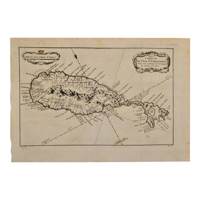 St. Christophe (St. Kitts): Bellin 18th Century Hand Colored Map, 1746 For Sale