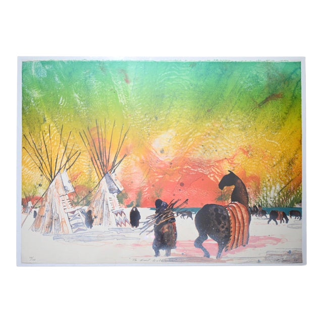 1980 Earl Biss "The Wood Gatherers" Signed Serigraph 66/100, Crow Winter Camp Scene For Sale