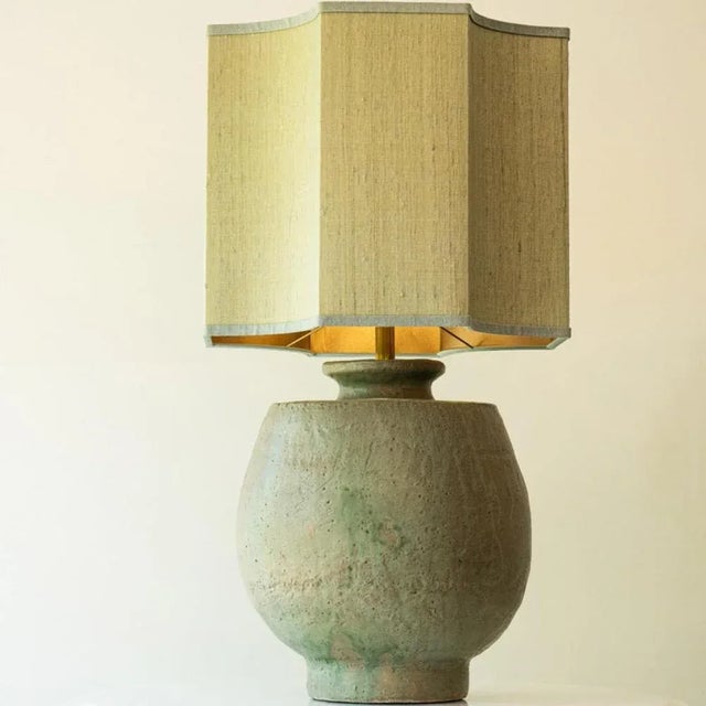 1970s Large Pistachio Green Ceramic Table Lamp with Silk Lampshade attributed to R. Houben, 1970s For Sale - Image 5 of 10