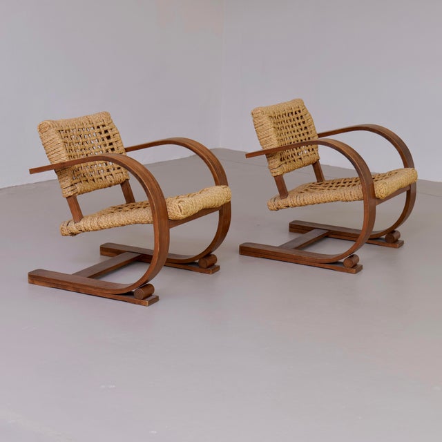 Brown Armchairs by Adrien Audoux and Frida Minnet for Vibo Vesoul, France, 1940s, Set of 2 For Sale - Image 8 of 8