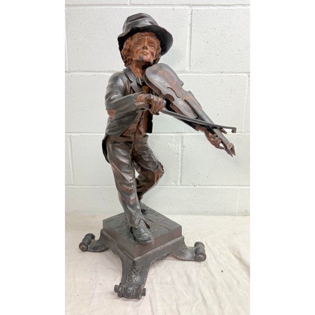 Wood Large Antique European 1800's Carved Wood Fiddler Violinist Sculpture Statue Music For Sale - Image 7 of 18