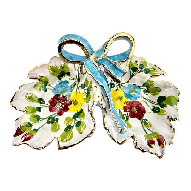 1960s Mid-Century Hand Painted Blue Bow Decorative Dish For Sale