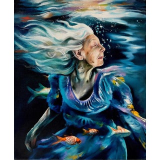 Liquid Fragility by Sarah Harvey | Oil on canvas Woman underwater with flowing hair and goldfish. For Sale