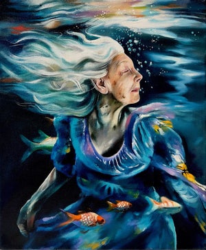 Liquid Fragility by Sarah Harvey | Oil on canvas Woman underwater with flowing hair and goldfish.
