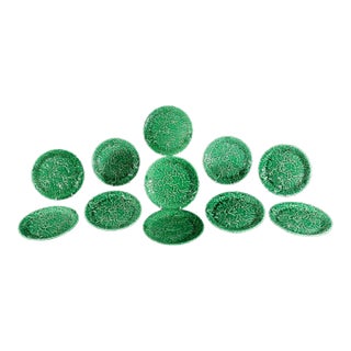 "Vivid Verdure": Set of 11 Vintage Green Majolica "Lotus" Plates, For Sale