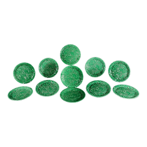 "Vivid Verdure": Set of 11 Vintage Green Majolica "Lotus" Plates,