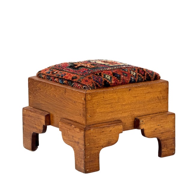 Folk Art Antique 1920s Handmade Oak Wood Spanish Colonial Revival Arts & Crafts Footstool W/ Hand-Knotted Rug Seat For Sale - Image 3 of 17