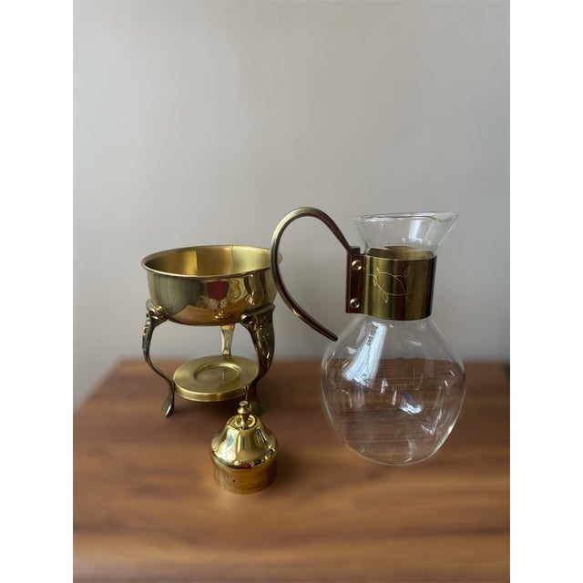 Vintage Glass Carafe Coffee Pot & Brass Warmer Stand Condition: great pre-owned, barely used. Dimensions: 13’x6’x6’