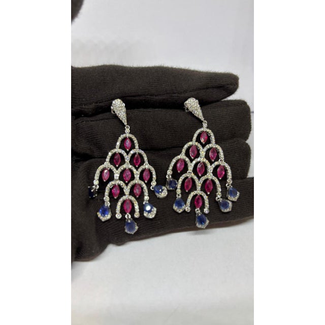 Gemstone Natural Ruby 4.44cts, Sapphire 2.87cts & Diamond 3.12cts Earring in 14k Gold For Sale - Image 7 of 8
