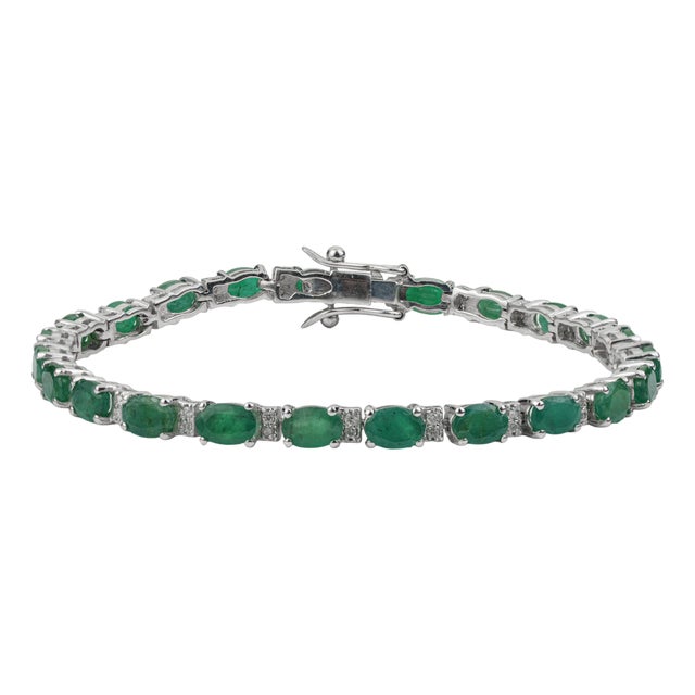Classic 10.05 Ct Natural Oval Emerald & Diamond Tennis Bracelet in Solid 925 Silver For Sale