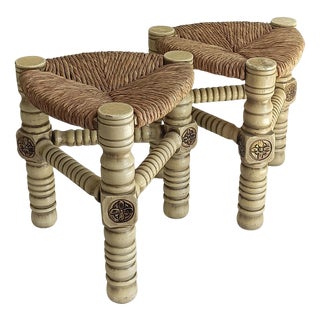 Mid-Century Modern Brutalist Stools in Wood and Natural Fiber, 1960s, Set of 2 For Sale