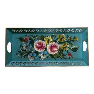 1960s Tole Floral Metal Tray For Sale