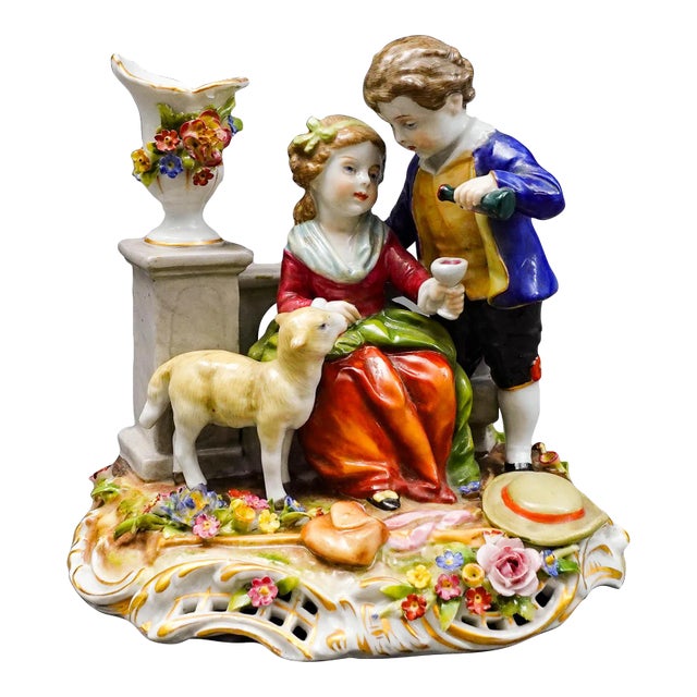 Mid 20th Century Von Schierholz Germany Boy & Girl With Lamb Porcelain Figurine 275 For Sale