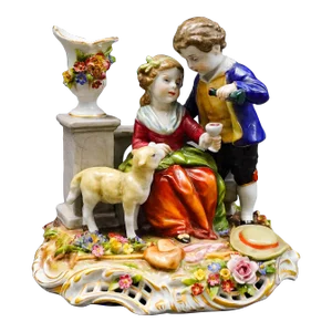 Mid 20th Century Von Schierholz Germany Boy & Girl With Lamb Porcelain Figurine 275