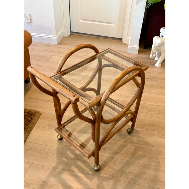 Vintage Bent Rattan & Glass Bar Cart For Sale - Image 4 of 5