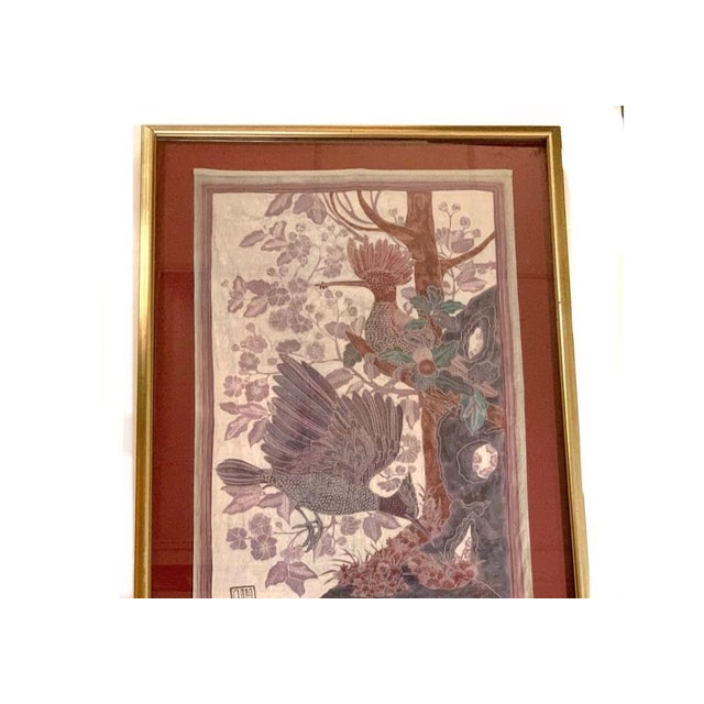 Asian 1980s Signed Custom Framed Asian Weaving With Flycatcher Bird Theme For Sale - Image 3 of 10