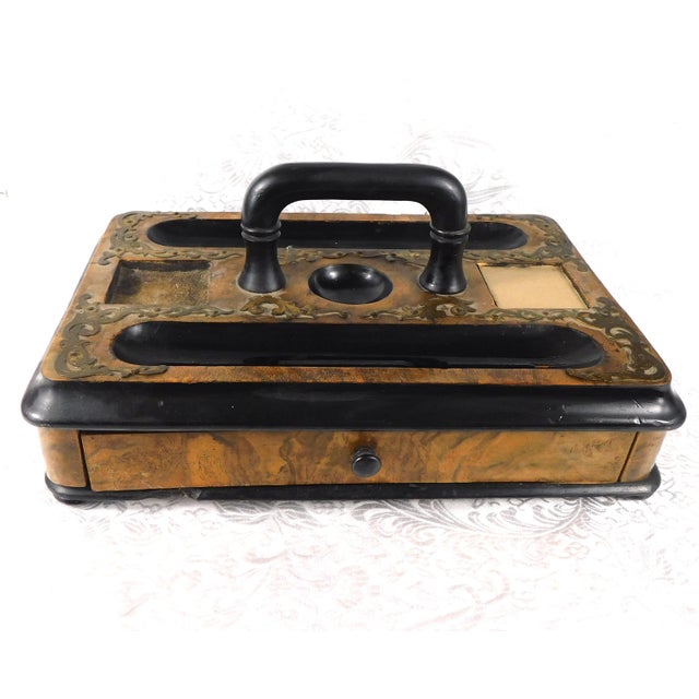 Shabby Chic Wooden Desk Organizer With Drawer and Two Crystal Inkwells For Sale - Image 3 of 8