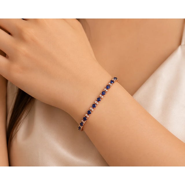 Renaissance Late 20th Century 14K Pink Rose Gold Diamond Sapphire Tennis Bracelet For Sale - Image 3 of 3