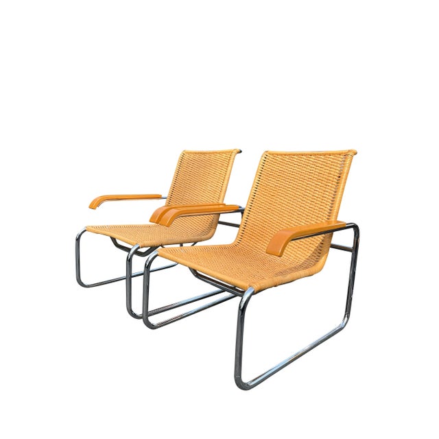 1970s 1970s Marcel Breuer B35 Modern Rattan Wicker Arm Chairs for Icf a Pair For Sale - Image 5 of 11
