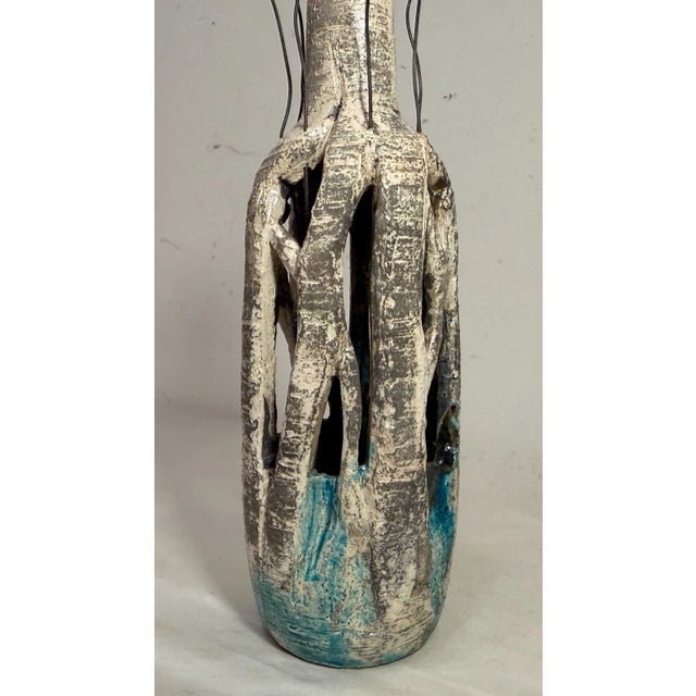 Ceramic Vintage Signed Dierdre Handmade Brutalist Green Pottery Wire Vase Bottle Art For Sale - Image 7 of 14