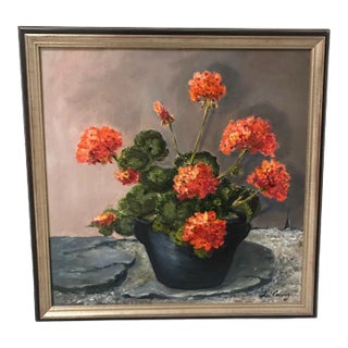 Late 20th Century "Big Reds" by Toni Conway - Red Geranium Still Life Oil Painting For Sale