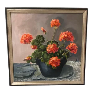 Late 20th Century "Big Reds" by Toni Conway - Red Geranium Still Life Oil Painting