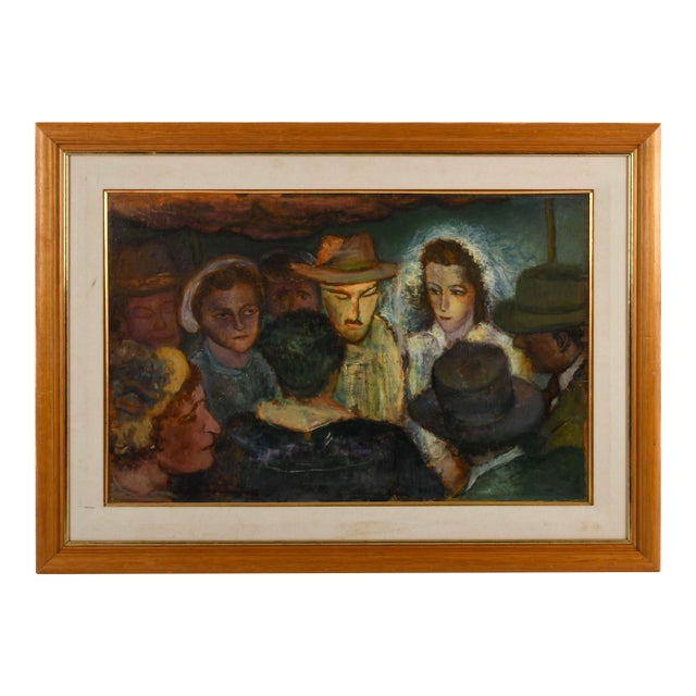 Signed Manuel Eichelbaum "Jewish Wedding" Expressionist Oil on Board Framed Painting For Sale