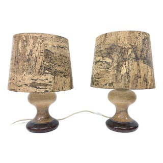 Vintage Table Lamps with Ceramic Base and Cork Shade from Leola, 1970s, Set of 2 For Sale
