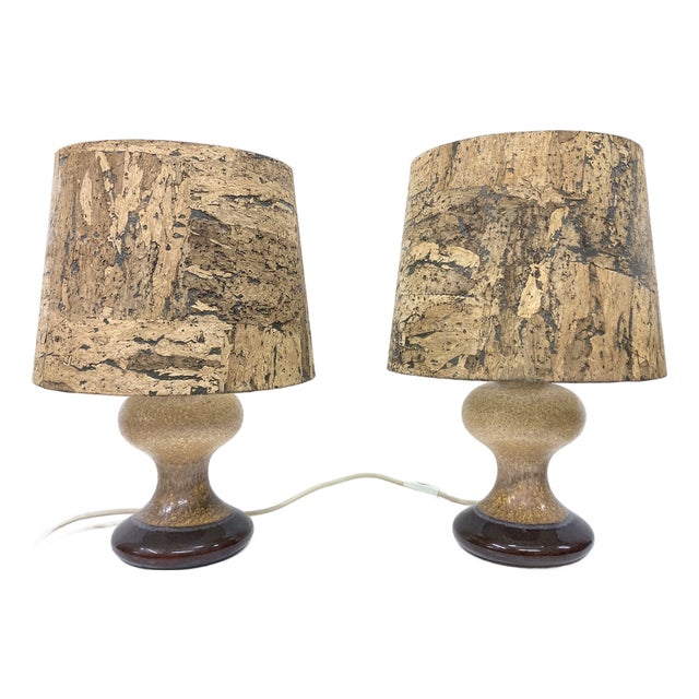 Vintage Table Lamps with Ceramic Base and Cork Shade from Leola, 1970s, Set of 2 For Sale