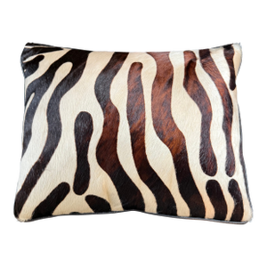 Faux Zebra Skin Lumbar Pillow With Brown Leather Piping.