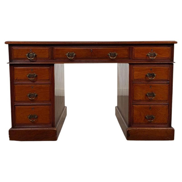 Antique English Walnut Pedestal Desk with Blue Leather Top For Sale - Image 12 of 12