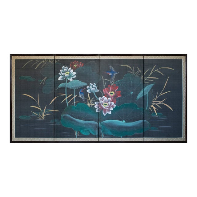 1970s Chinoiserie Painted Silk Screen "Hummingbirds and Lotus" For Sale