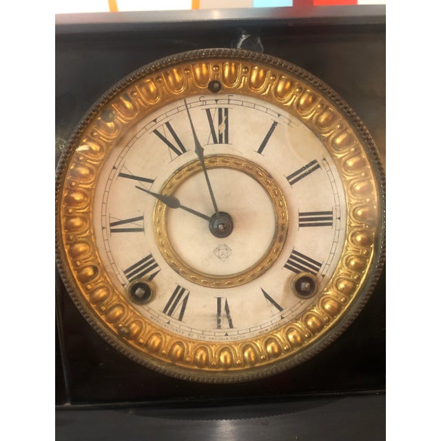 Wood Vintage Heavy Wood and Metal Mantle Clock For Sale - Image 7 of 12