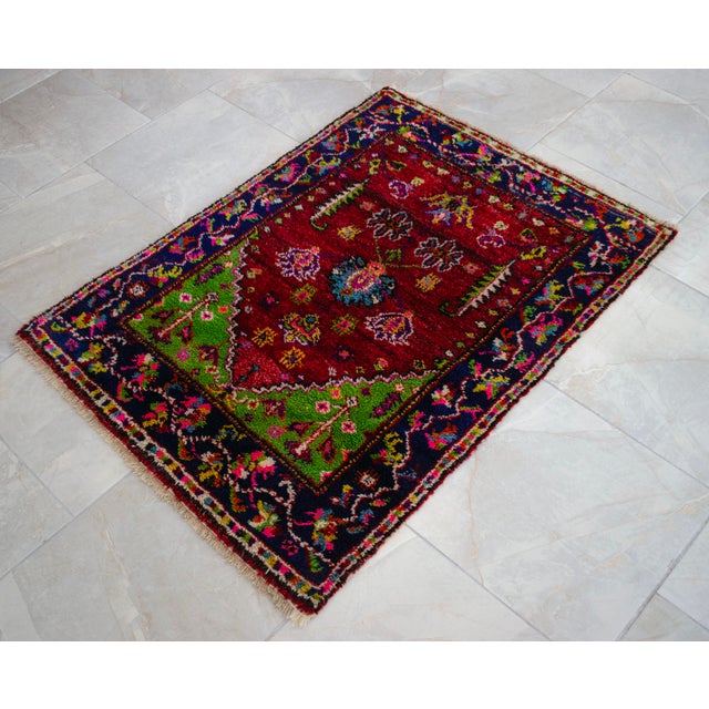 Red Vintage Hand-Knotted Turkish Rug Prayer Rug Ultra Soft Wool Rug Wall Decor Religious Tapestry 3x4 Ft Approx For Sale - Image 8 of 15