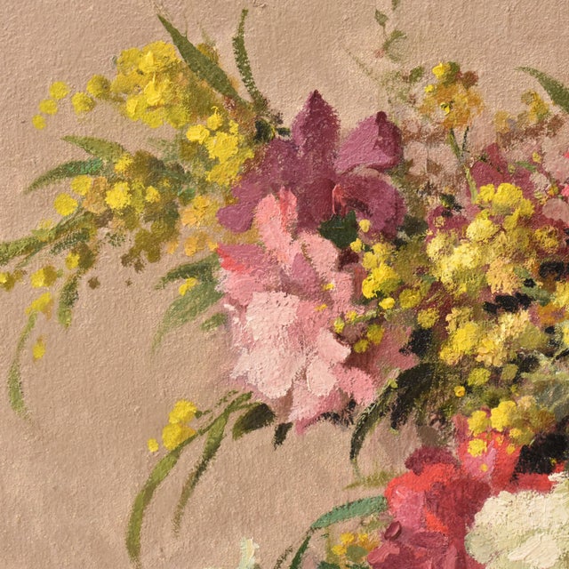 Maurice Alfred Decamps, Still Life with Carnations and Mimosa, Oil on Canvas, 20th Century For Sale - Image 7 of 11