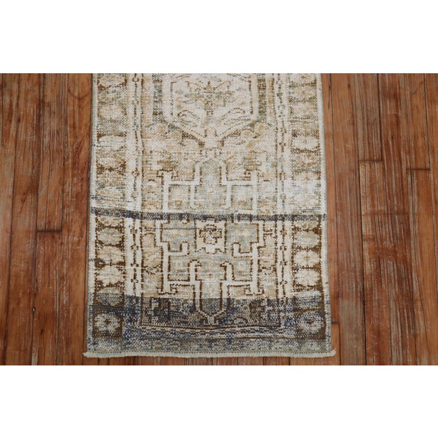 One of a kind distressed neutral Persian Heriz runner in neutral colors with a Classic traditional geometric design, circa...