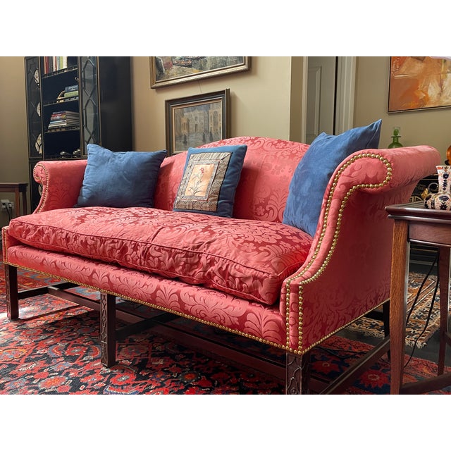 English Vintage Neoclassical Style Sofa With Chippendale Influence, Gothic Tracery Base, and Down Cushion For Sale - Image 3 of 5