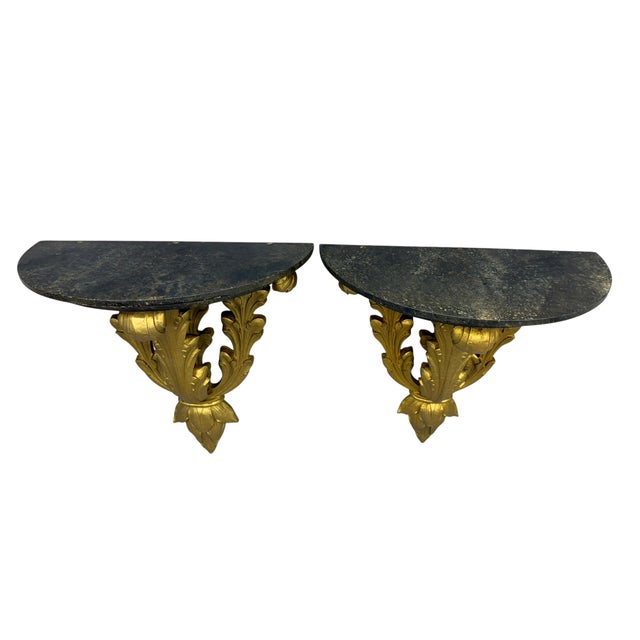 Hollywood Regency Gilded Acanthus Leaf Demi-Lune Hollywood Regency Wall Shelves, a Pair For Sale - Image 3 of 14