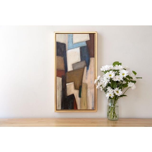 Contemporary Tall Vertical Original Abstract Painting on Canvas in Gold Frame For Sale - Image 3 of 13