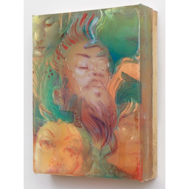 The artwork features a complex interplay of human faces, layered in translucent hues of green, orange, and gold, creating...